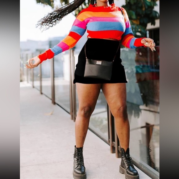 💋Rainbow Striped Knit 🧶 Half Turtleneck Crop Sweater - Picture 5 of 7